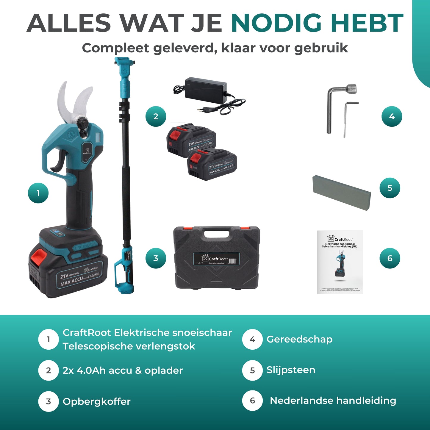 Elektrische Snoeischaar PRO + Verlengstok Set – 2× 4Ah Accu & Opbergkoffer
