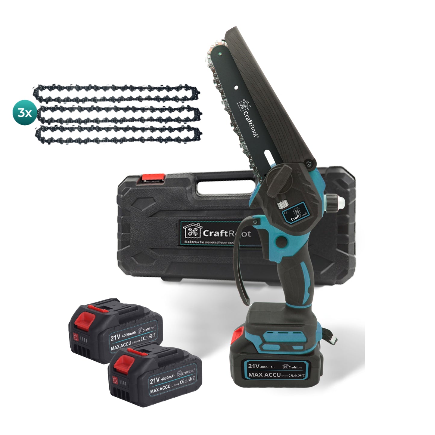 Mini Kettingzaag PRO Brushless – 2× 4Ah Accu & Opbergkoffer