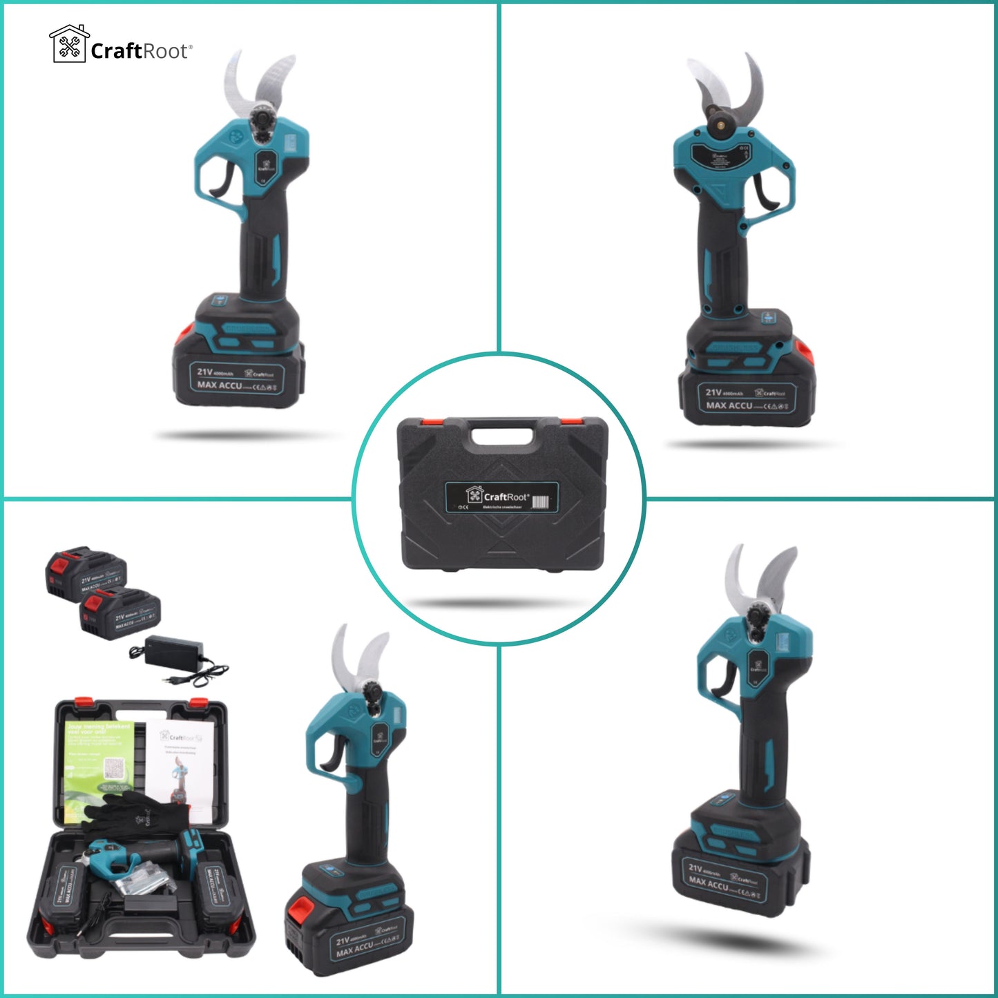 Elektrische Snoeischaar PRO + Verlengstok Set –  2× 4Ah Accu & Opbergkoffer