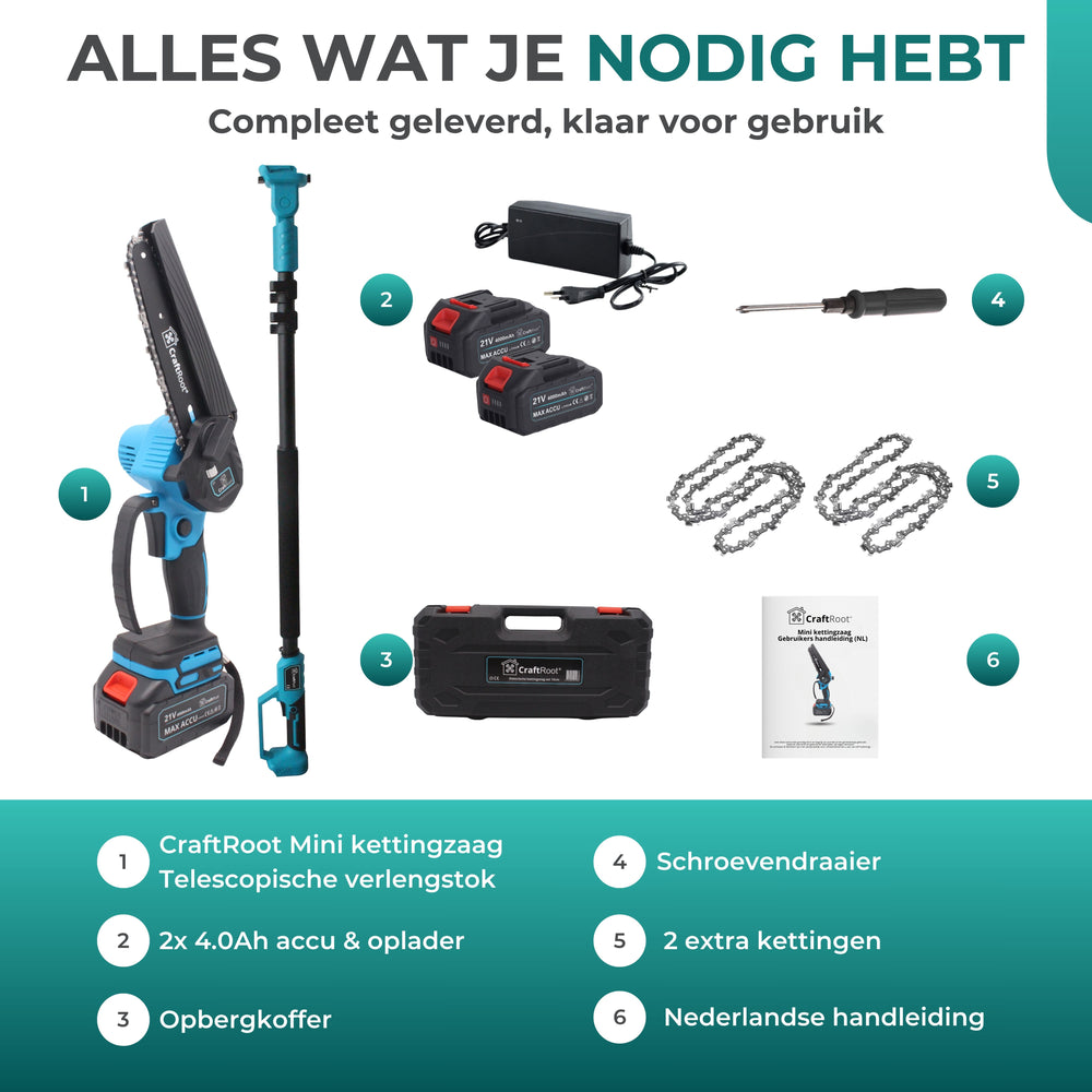 Mini Kettingzaag PRO Brushless + Verlengstok Set – 2× 4Ah Accu & Opbergkoffer — 14