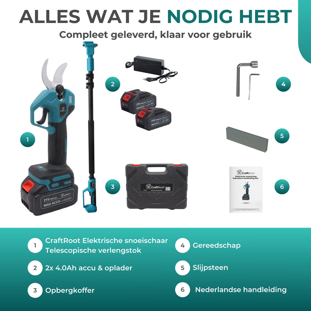 Elektrische Snoeischaar PRO + Verlengstok Set –  2× 4Ah Accu & Opbergkoffer — 14