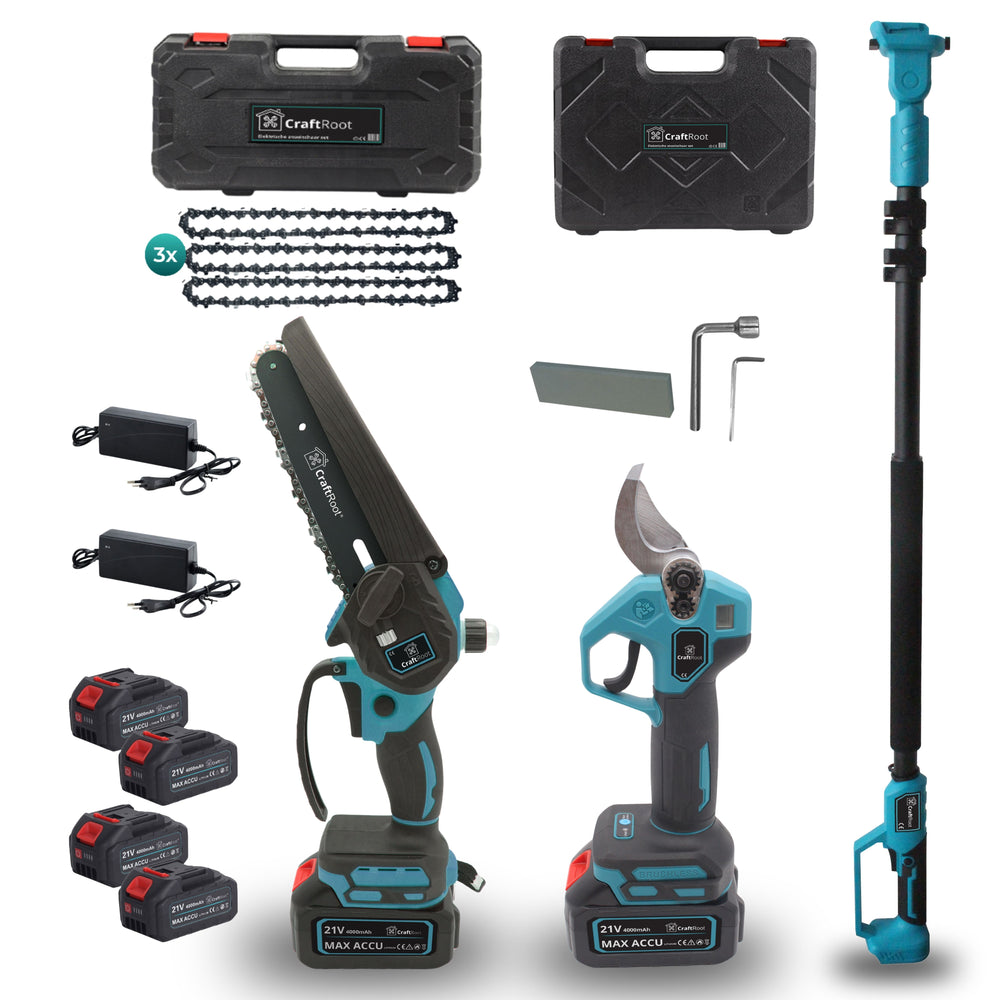 Zorgeloos Snoeien op hoogte Combi Set – Mini Kettingzaag PRO + Snoeischaar PRO + Verlengstok | 4× 4Ah Accu — 1