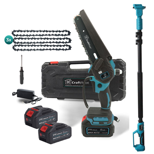 Mini Kettingzaag PRO Brushless + Verlengstok Set – 2× 4Ah Accu & Opbergkoffer