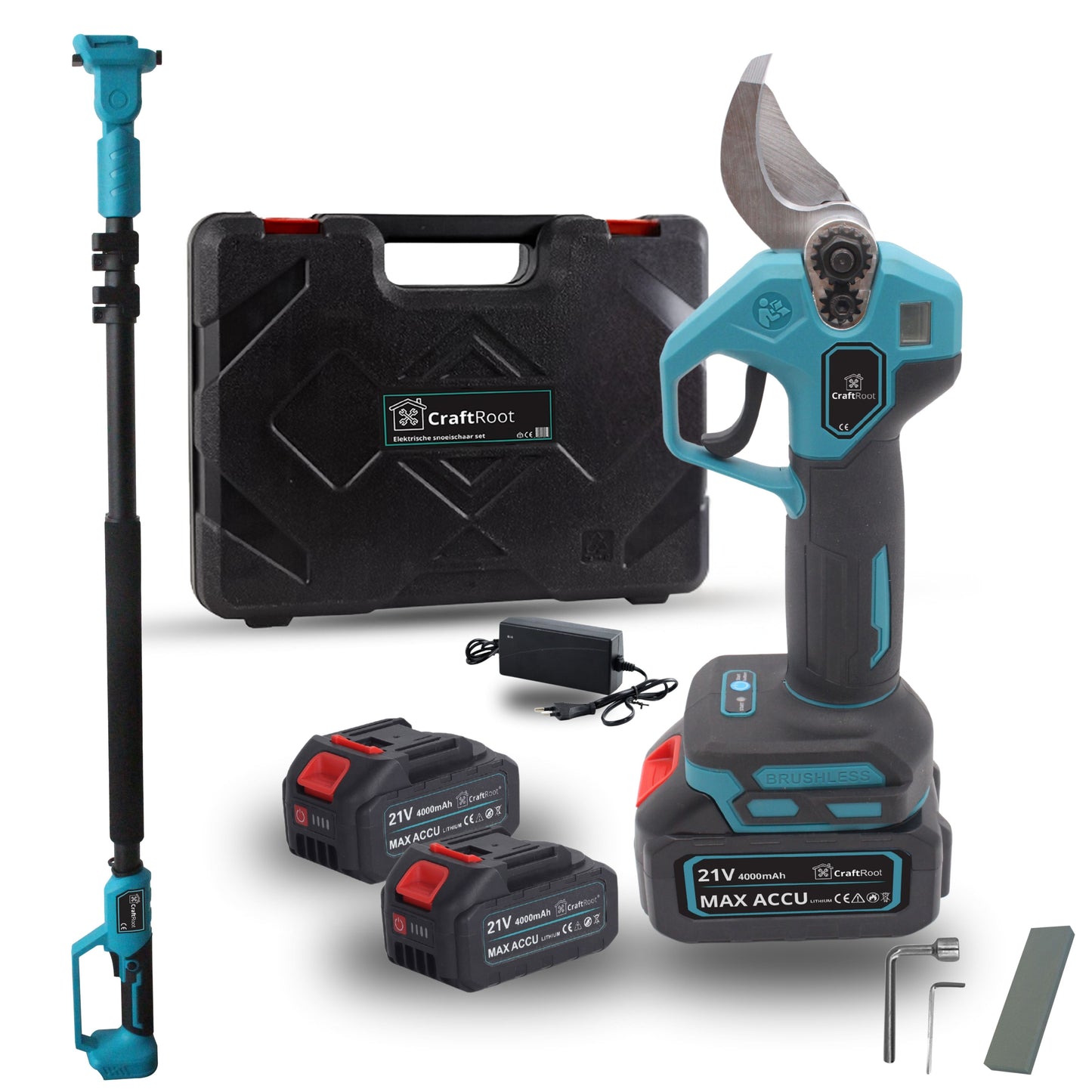 Elektrische Snoeischaar PRO + Verlengstok Set –  2× 4Ah Accu & Opbergkoffer