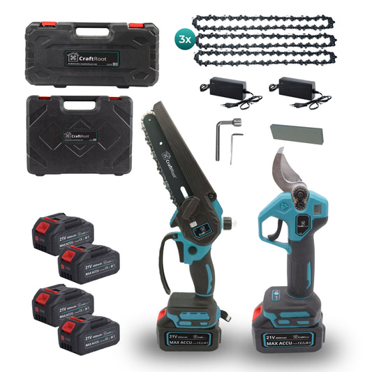 Zorgeloos Snoeien Combi Set – Mini Kettingzaag PRO + Elektrische Snoeischaar PRO | 4× 4Ah Accu