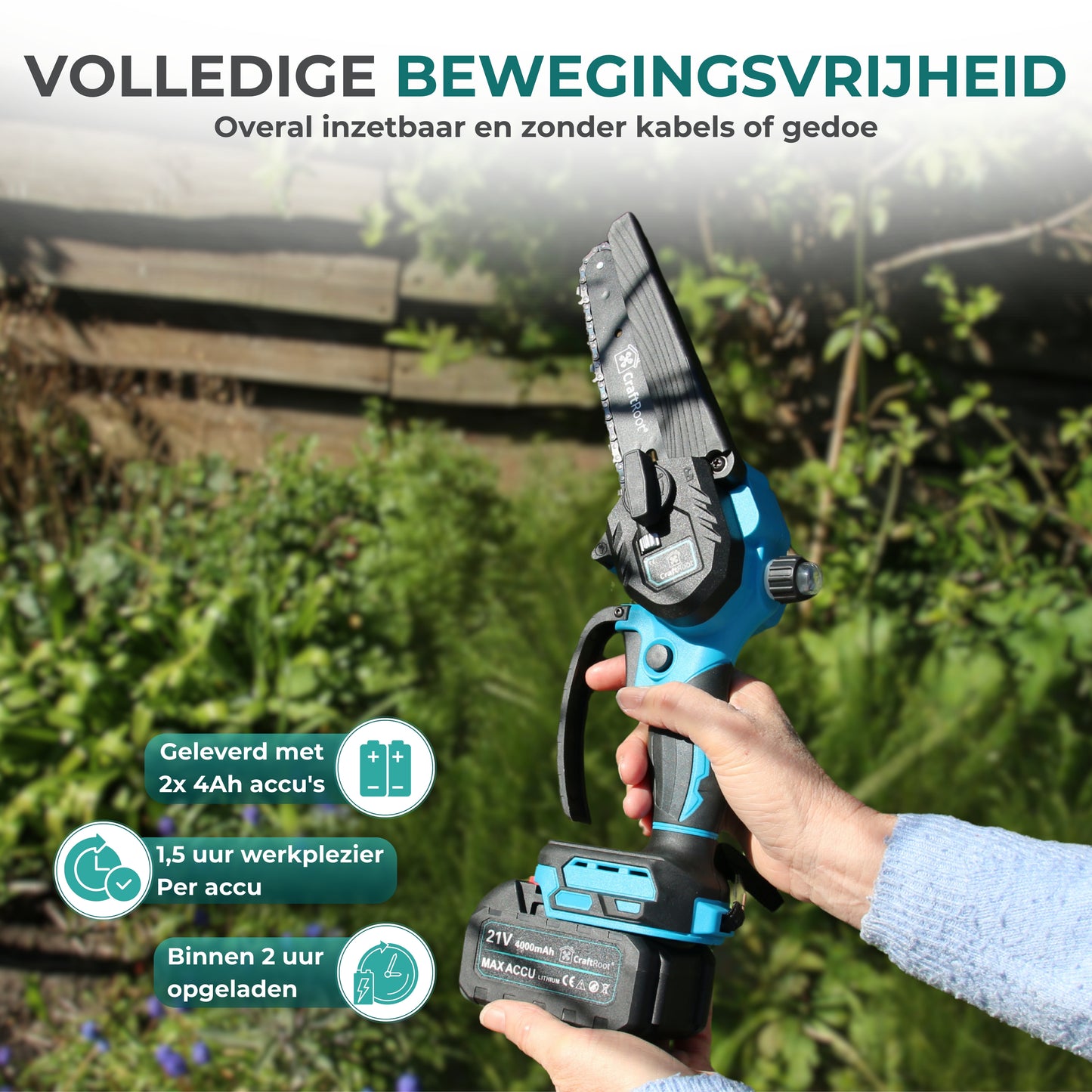 Mini Kettingzaag PRO Brushless – 2× 4Ah Accu & Opbergkoffer