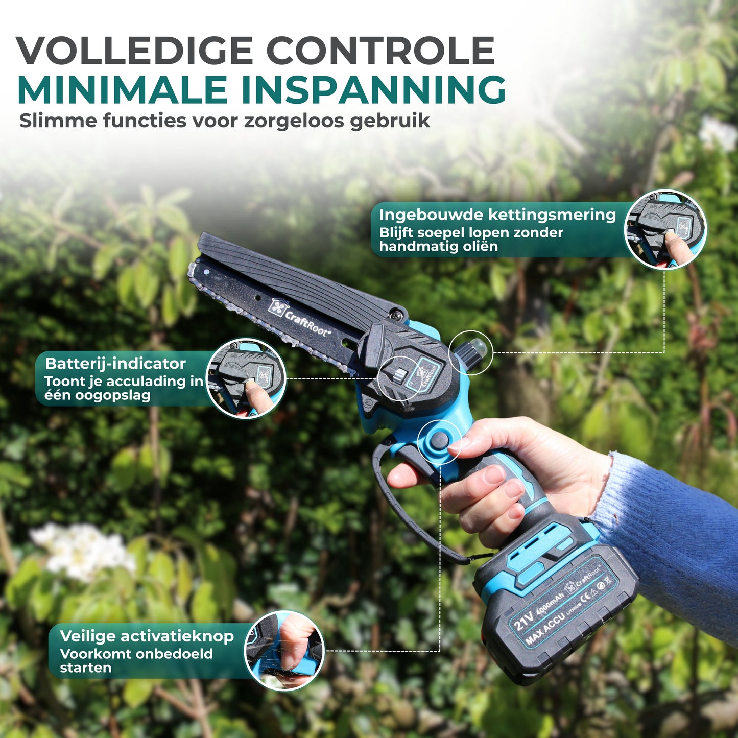 Mini Kettingzaag PRO Brushless – 2× 4Ah Accu & Opbergkoffer