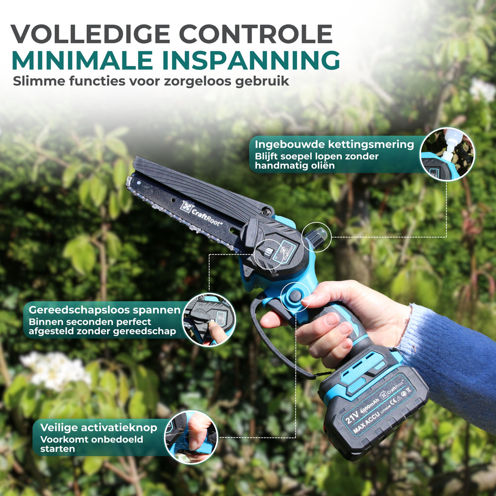 Mini Kettingzaag PRO Brushless + Verlengstok Set – 2× 4Ah Accu & Opbergkoffer — 6