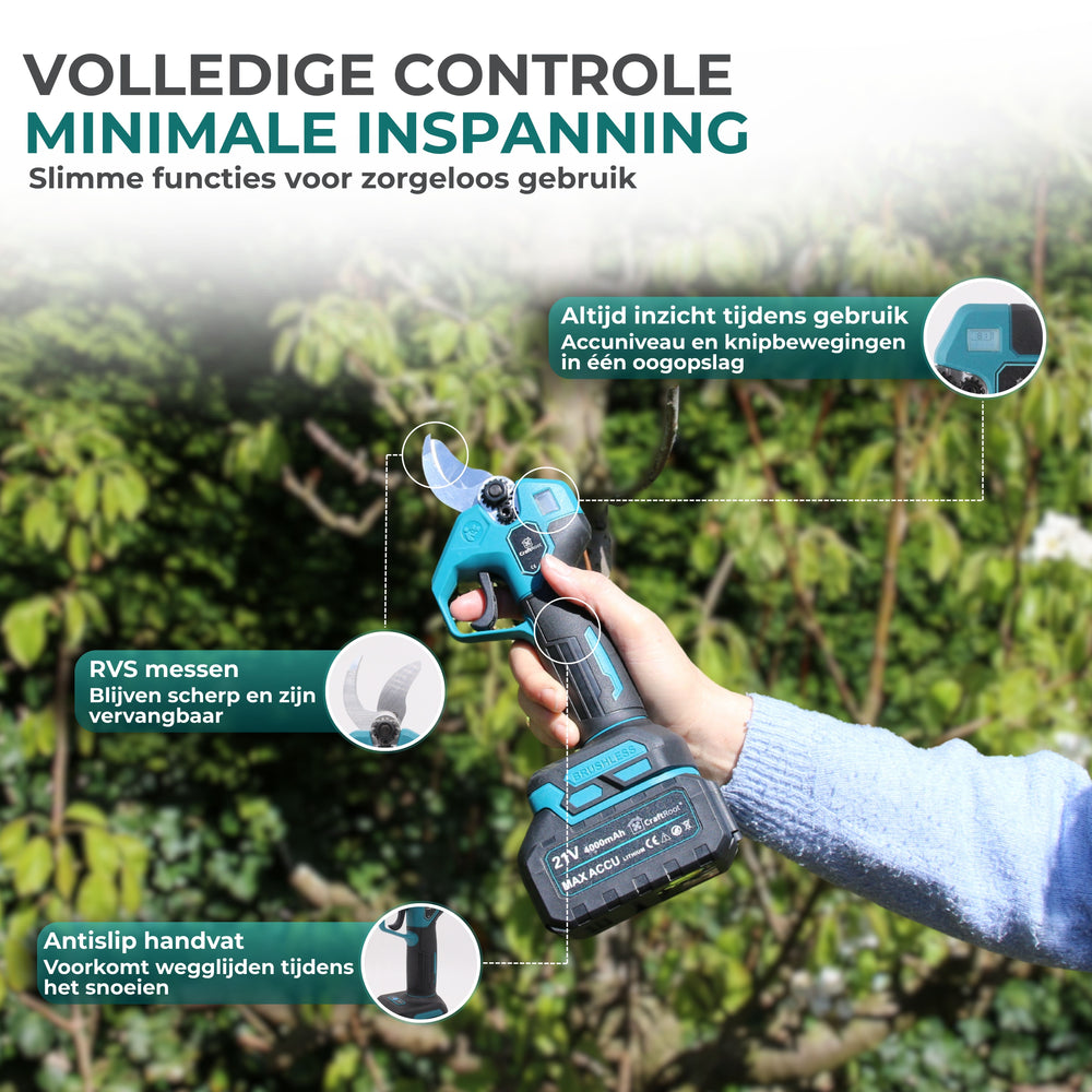 Elektrische Snoeischaar PRO + Verlengstok Set –  2× 4Ah Accu & Opbergkoffer — 6