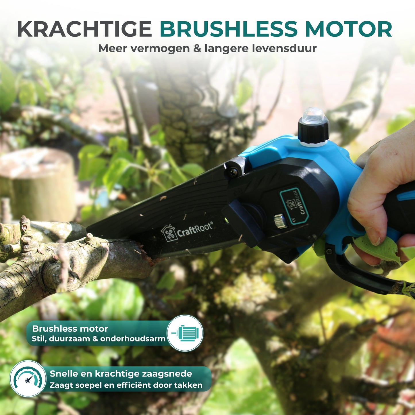 Mini Kettingzaag PRO Brushless – 2× 4Ah Accu & Opbergkoffer
