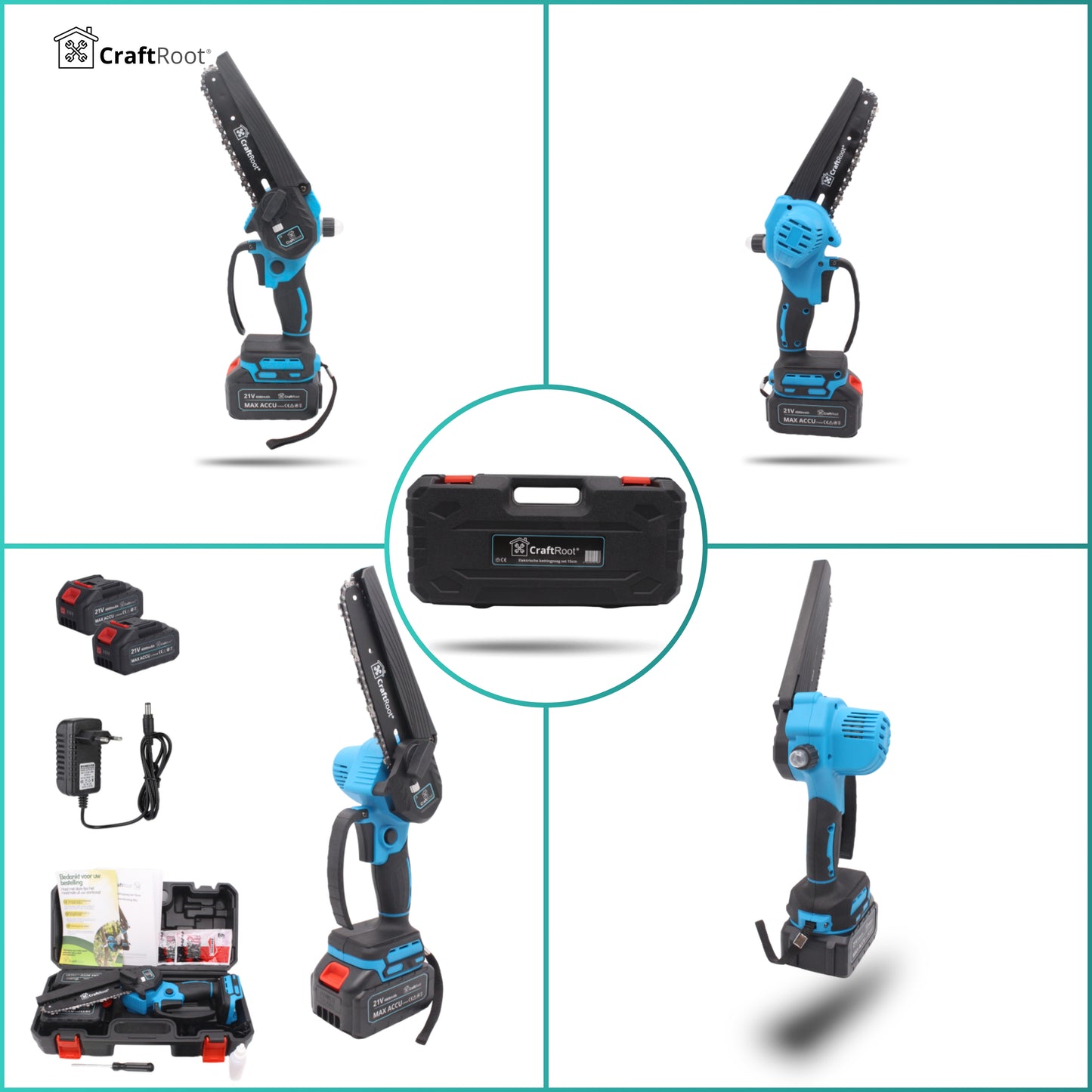 Mini Kettingzaag PRO Brushless – 2× 4Ah Accu & Opbergkoffer