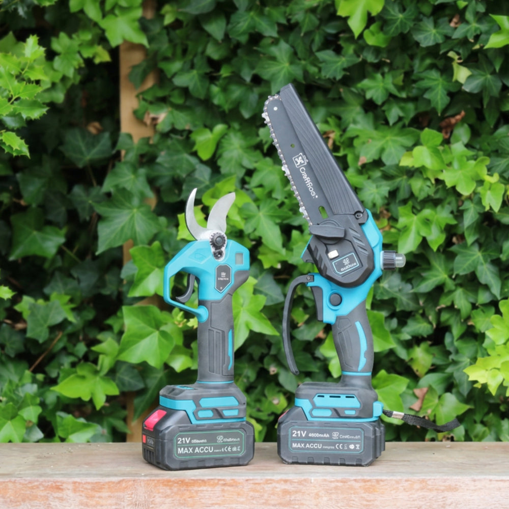Zorgeloos Snoeien Combi Set – Mini Kettingzaag PRO + Elektrische Snoeischaar PRO | 4× 4Ah Accu — 2